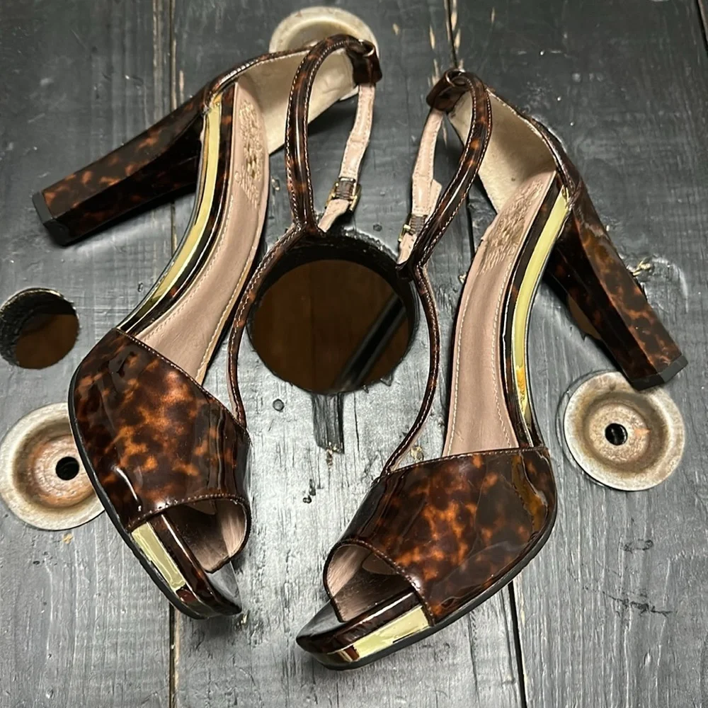 VINCE CAMUTO Tezer Tortoise Shell Patent Leather T-Strap Heels